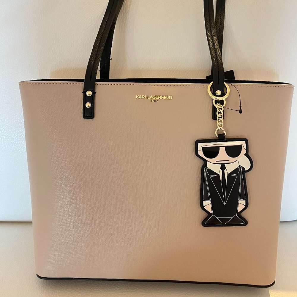 NWT KARL LAGERFELD MAYBELLE TOTE SHOULDER BAG PURSE BEIGE W KARL KEYRING $228
